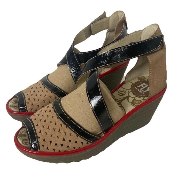 Fly London Shoes - Fly London Women's Black and Red Leather Peep Toe Sandals
